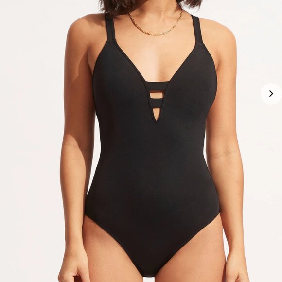 Seafolly Collective Deep V Maillot One Piece Swimsuit Black 14 L/XL - Picture 1 of 5